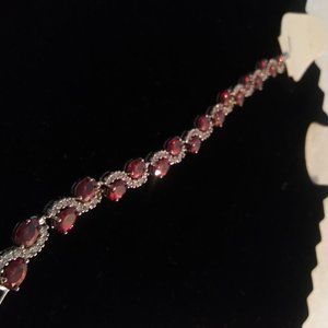 Red Garnet & White Topaz Bracelet 18K 7.25" Long